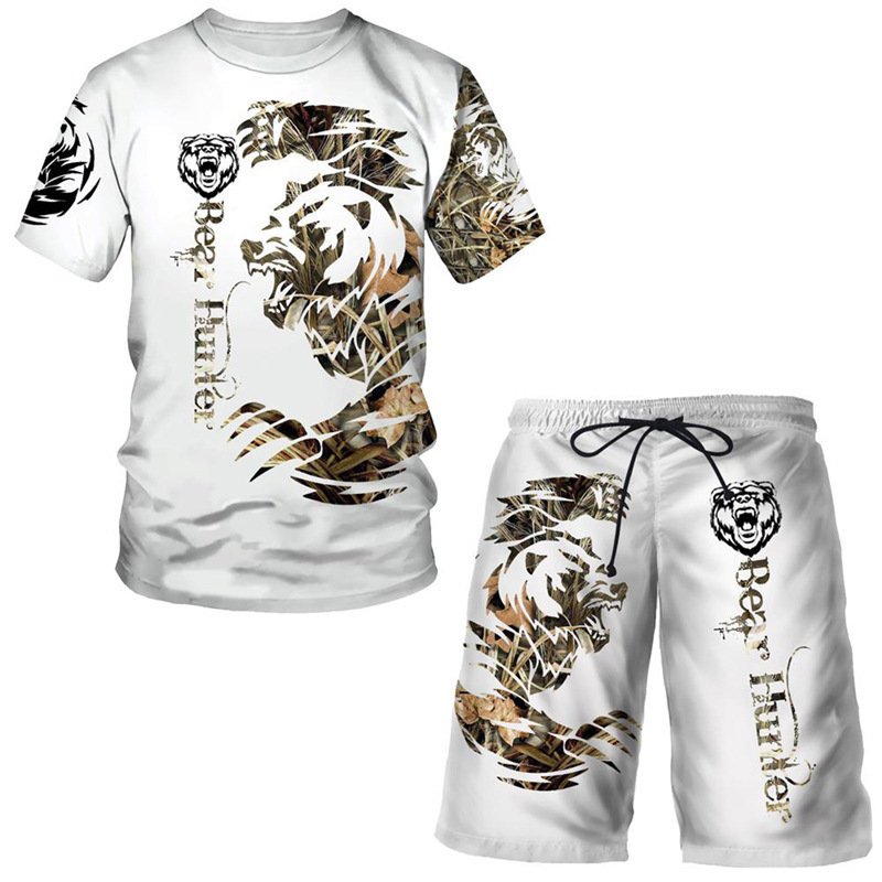 New Summer Large Size Men's T-Shirt Set Breathable and Quick Dry Knitted with Animal Digital Printing Thermal 2 Piece Set