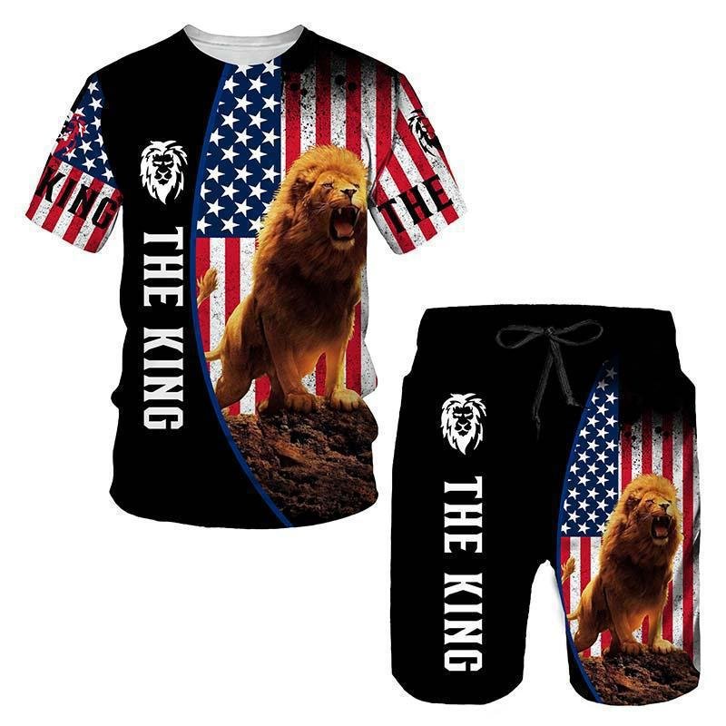 New Summer Large Size Men's T-Shirt Set Breathable and Quick Dry Knitted with Animal Digital Printing Thermal 2 Piece Set