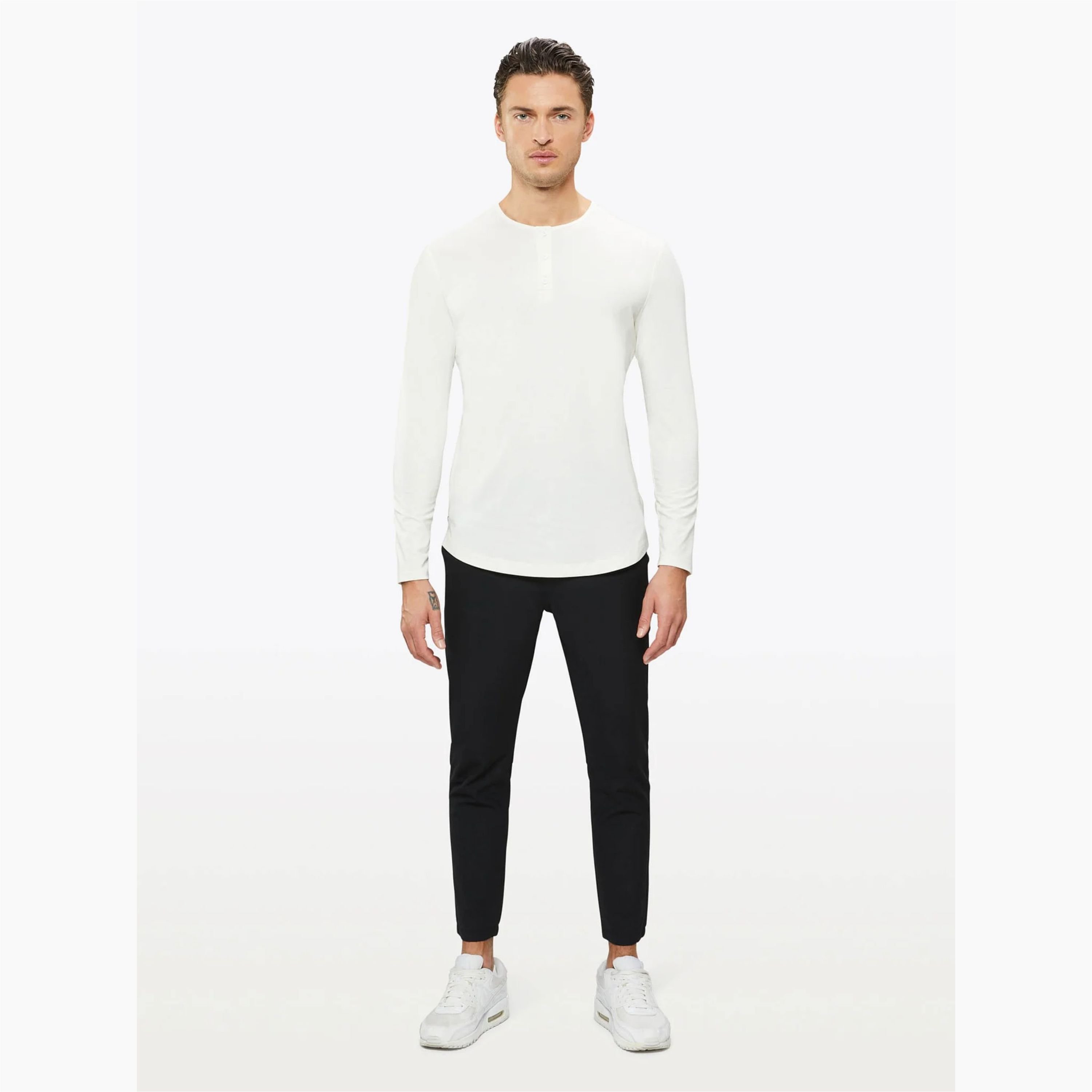 Custom Logo Buttery Soft Henley Shirt - 62% Polyester, 33% Cotton, 5% Spandex, Long Sleeves, Curve Hem, Bone Color