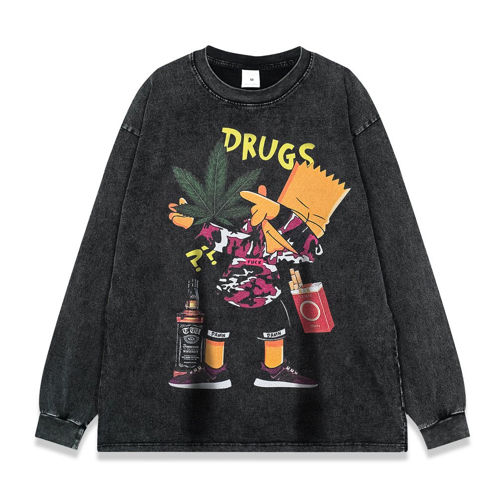 American retro high street style digital printing fashion brand sweater loose long sleeve snow wash men's t shirts