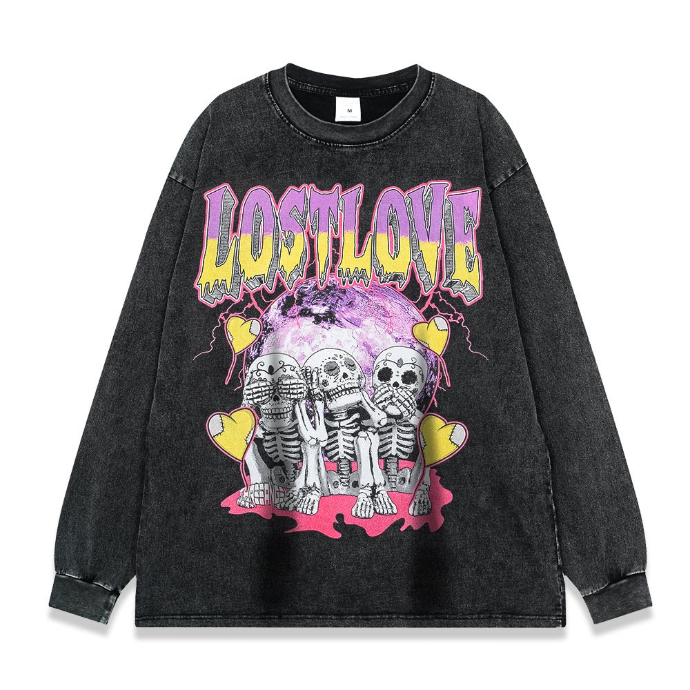 American retro high street style digital printing fashion brand sweater loose long sleeve snow wash men's t shirts