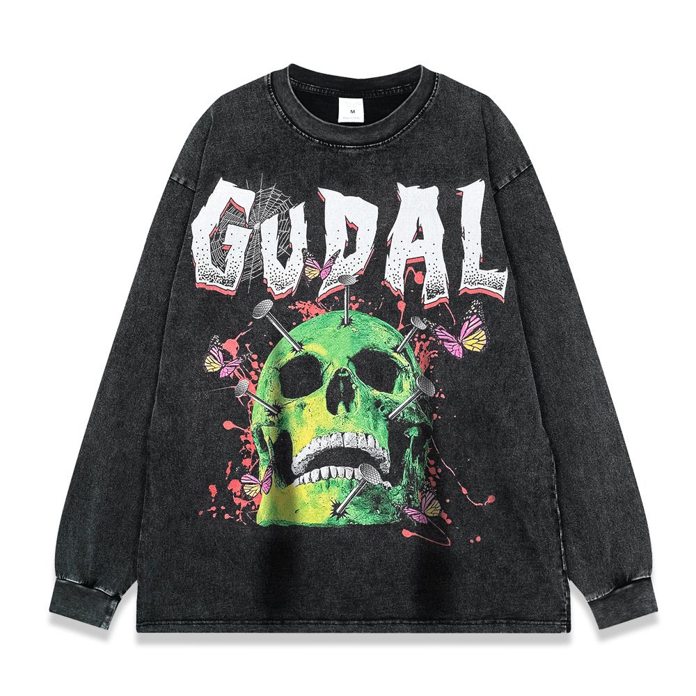 American retro high street style digital printing fashion brand sweater loose long sleeve snow wash men's t shirts