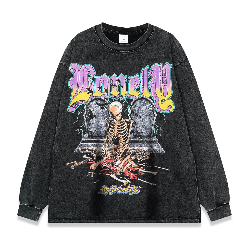 American retro high street style digital printing fashion brand sweater loose long sleeve snow wash men's t shirts