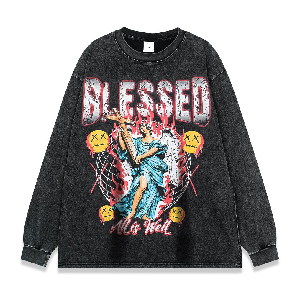 American retro high street style digital printing fashion brand sweater loose long sleeve snow wash men's t shirts