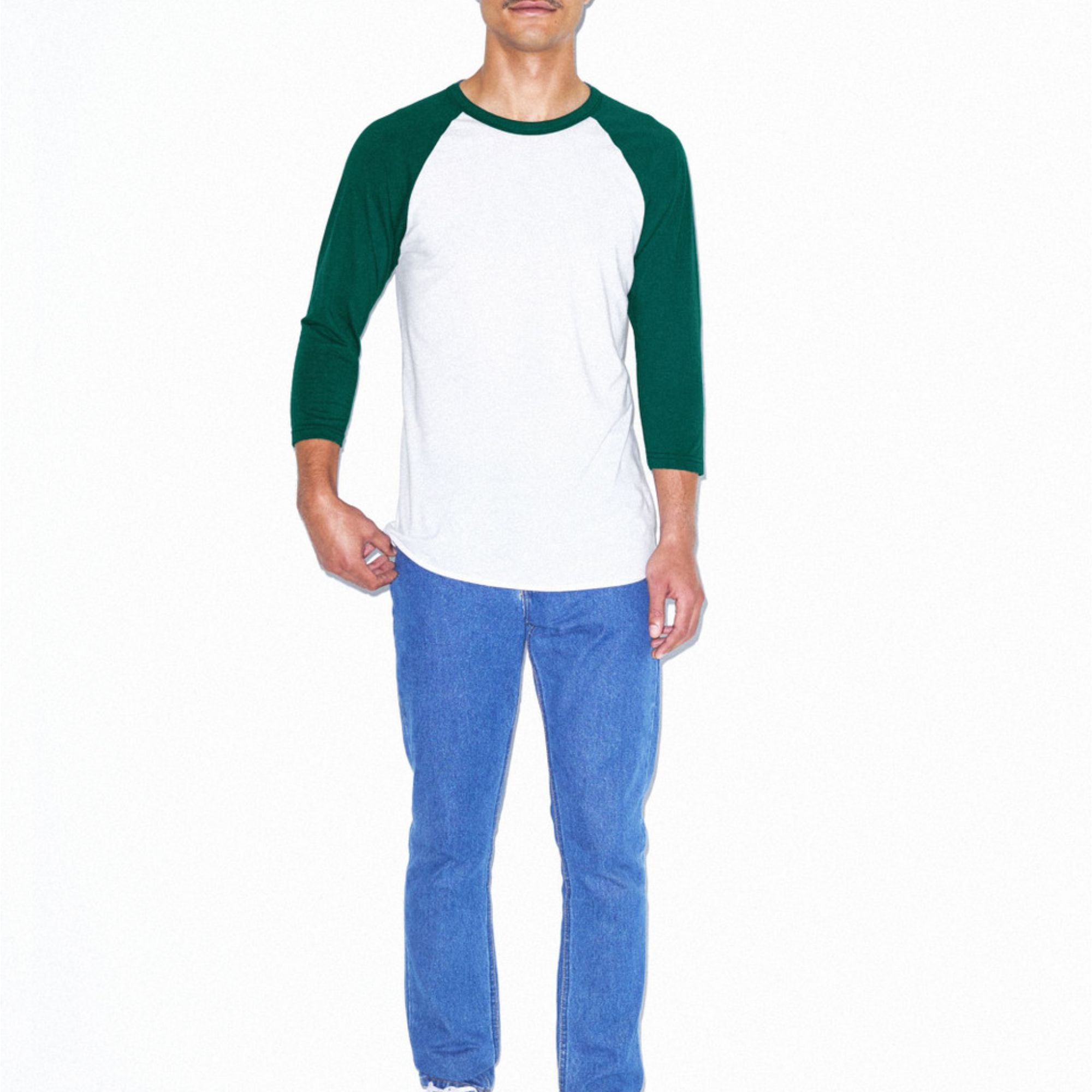 Ultrasoft Slim Fit Lightweight 3/4 Sleeve Baseball Raglan T-Shirt - White & Forest Green, 50/50 Cotton Polyester, 200gsm