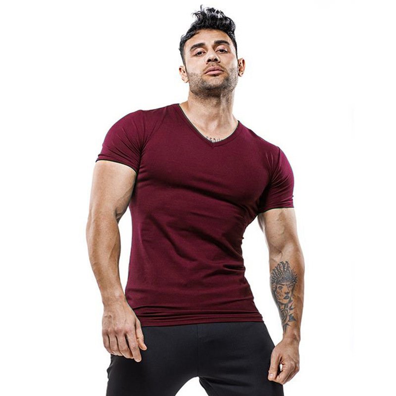 Custom Print Blank Plain V Neck Cotton Gym Sport T-shirt for Men
