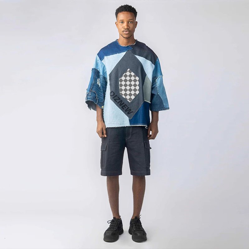 DIZNEW Custom personality washed denim T-shirt 2024 American streetwear fashion trend designer men's T-shirt with logo