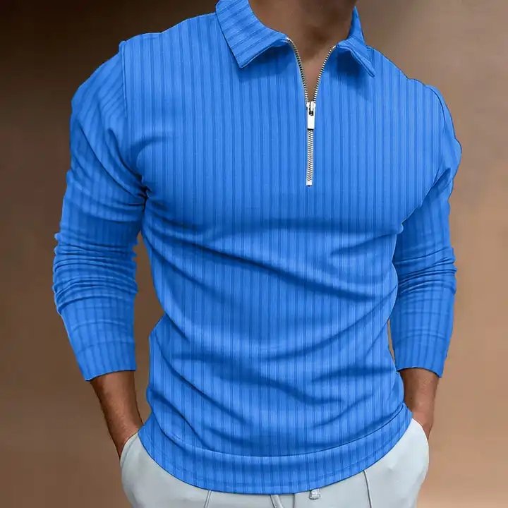Customized Logo Men's Leisure Pure Color Stripe Polo Unlined Upper Garment Of Loose Sportswear Long Sleeve Polo Shirt