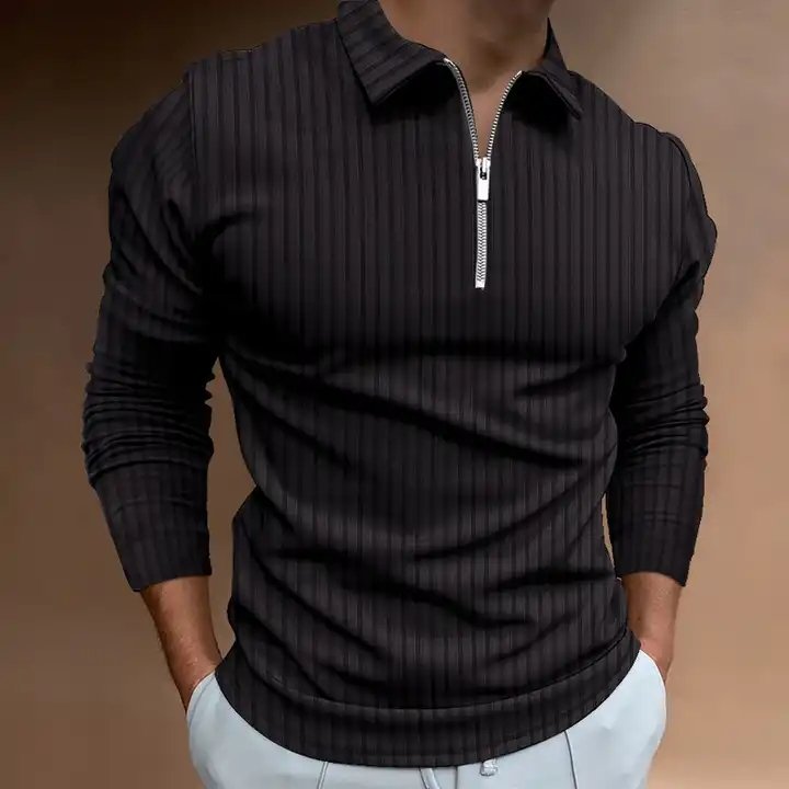 Customized Logo Men's Leisure Pure Color Stripe Polo Unlined Upper Garment Of Loose Sportswear Long Sleeve Polo Shirt