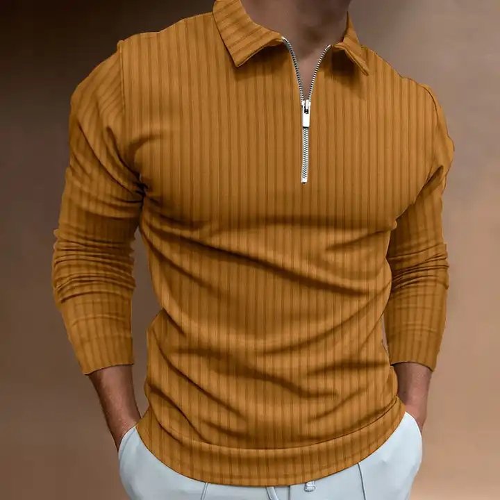 Customized Logo Men's Leisure Pure Color Stripe Polo Unlined Upper Garment Of Loose Sportswear Long Sleeve Polo Shirt