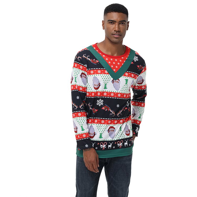 Fashion Merry Christmas Full Print Men 3D Printing T Shirts Long Sleeve Pretend Two Pieces Graphic T Shirts For Men