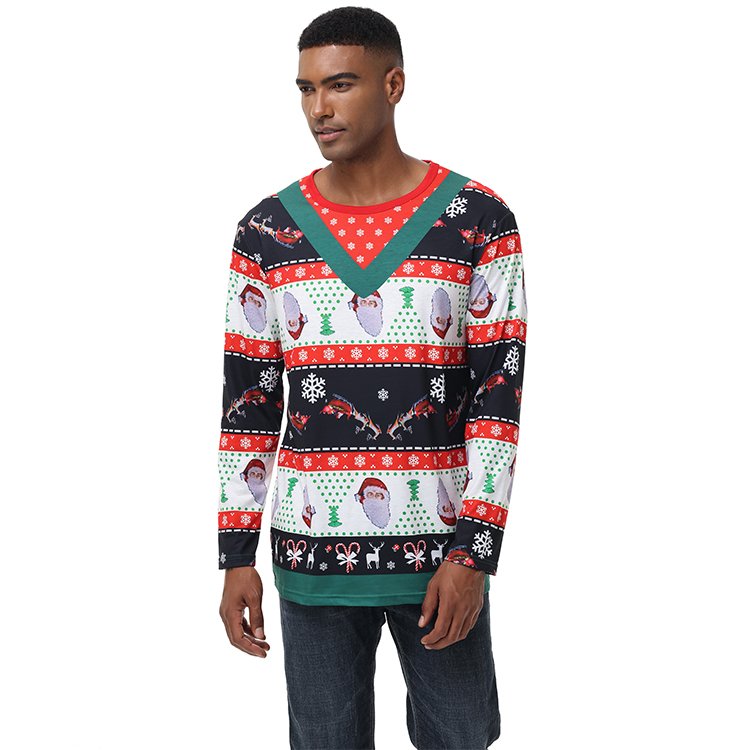 Fashion Merry Christmas Full Print Men 3D Printing T Shirts Long Sleeve Pretend Two Pieces Graphic T Shirts For Men