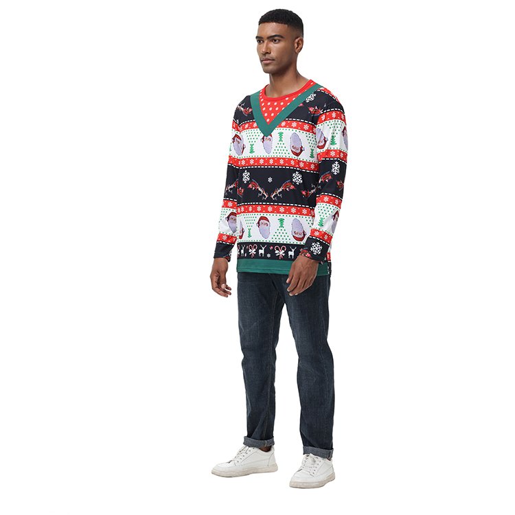 Fashion Merry Christmas Full Print Men 3D Printing T Shirts Long Sleeve Pretend Two Pieces Graphic T Shirts For Men