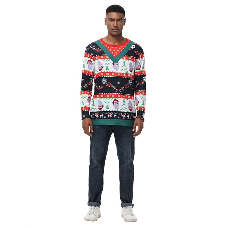 Fashion Merry Christmas Full Print Men 3D Printing T Shirts Long Sleeve Pretend Two Pieces Graphic T Shirts For Men