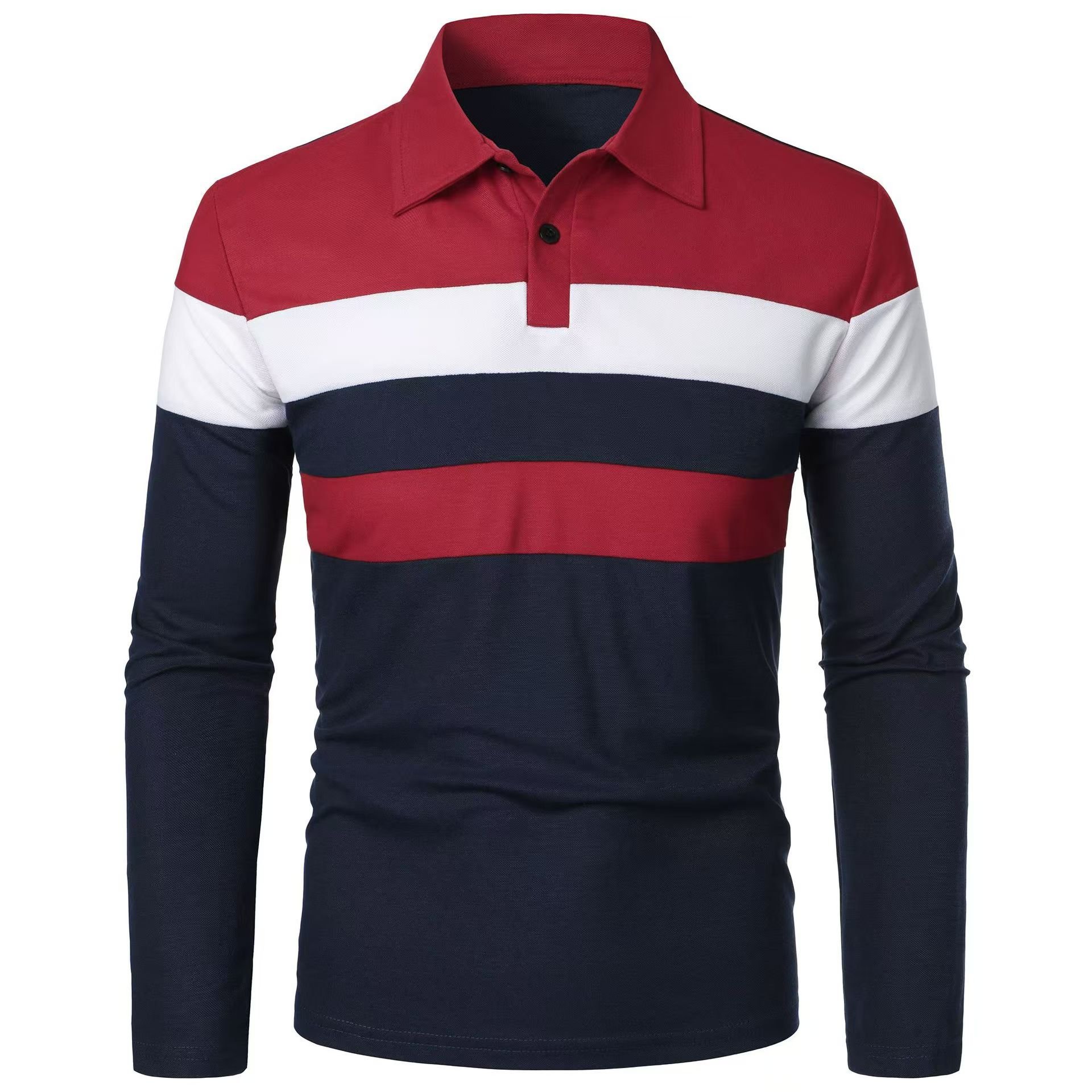 Autumn and winter new three-colour splicing fashion casual men's lapel long-sleeved polo shirt