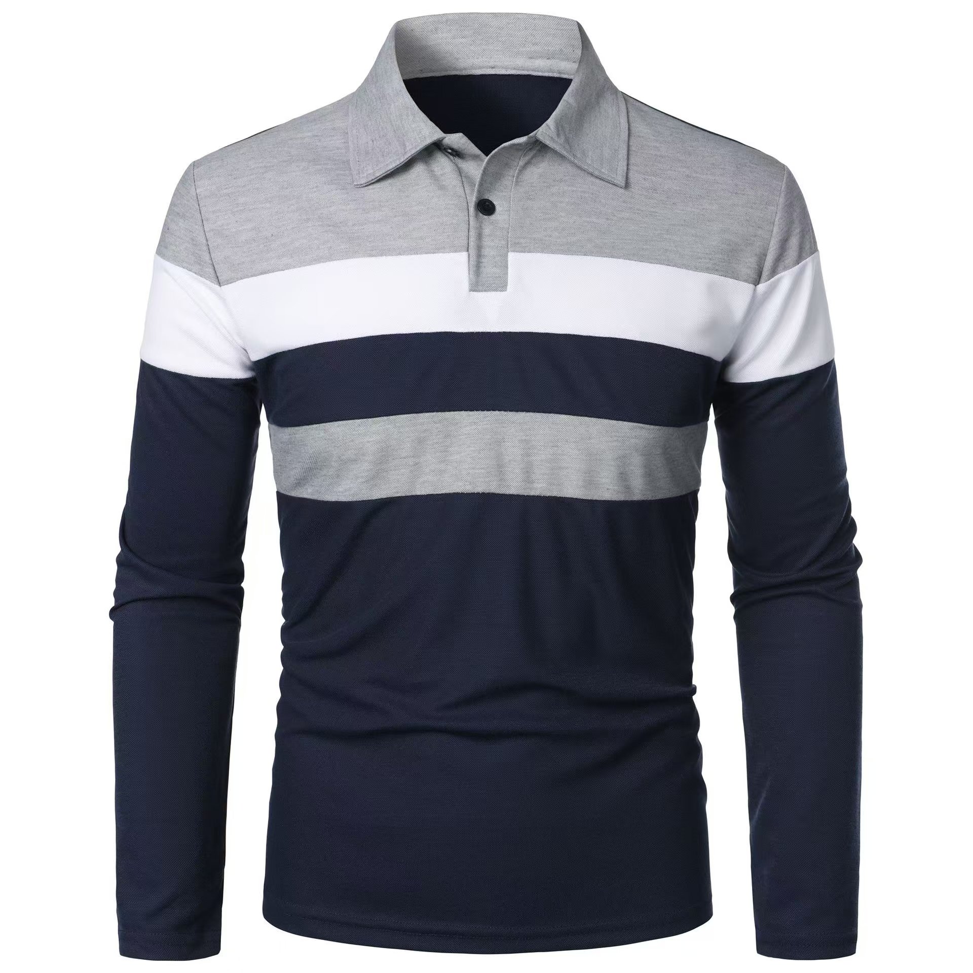 Autumn and winter new three-colour splicing fashion casual men's lapel long-sleeved polo shirt
