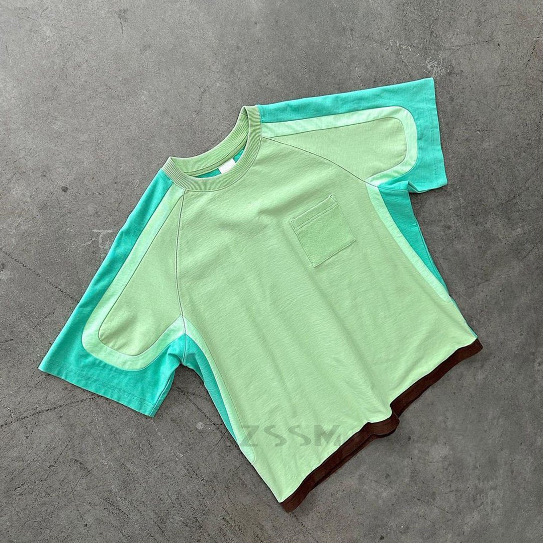 Custom High Quality Tee Contrast Fabric Design 100% Cotton Color Block Ribbing Pocket Crew Neck Men's T-shirts