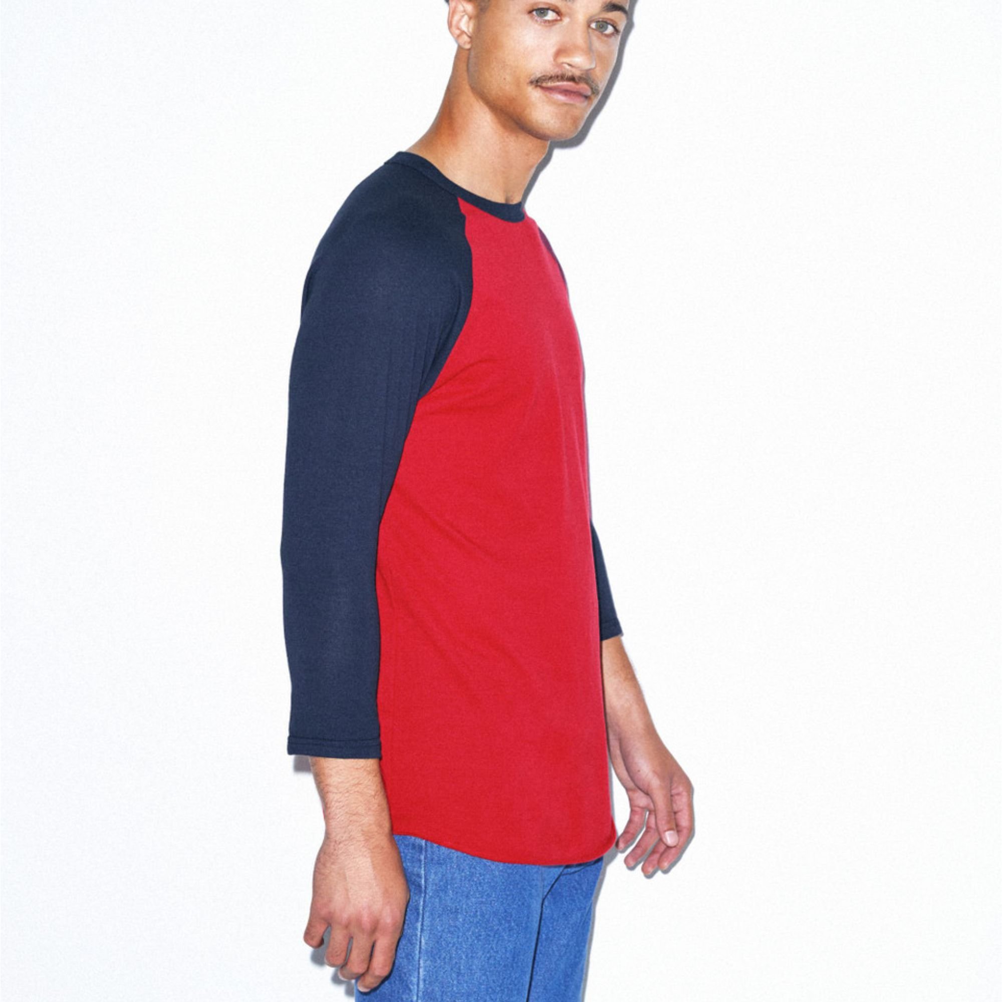 Ultrasoft 50% Cotton 50% Polyester Slim Fit Lightweight Red & Navy Baseball Raglan 3/4 Sleeve T-Shirt: 200 gsm