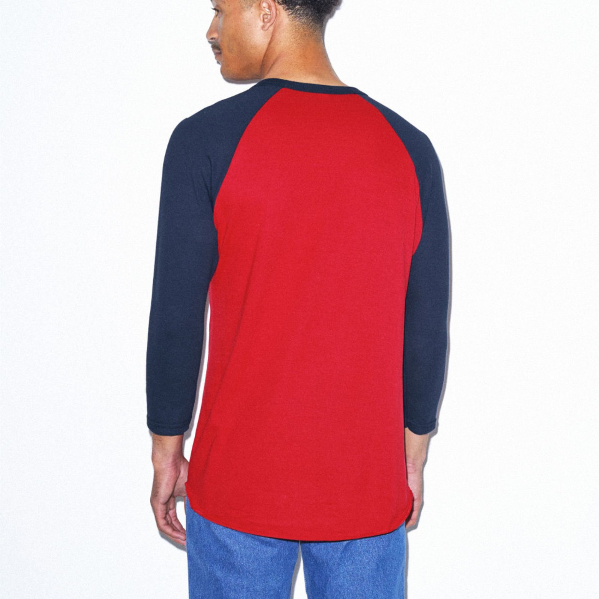 Ultrasoft 50% Cotton 50% Polyester Slim Fit Lightweight Red & Navy Baseball Raglan 3/4 Sleeve T-Shirt: 200 gsm