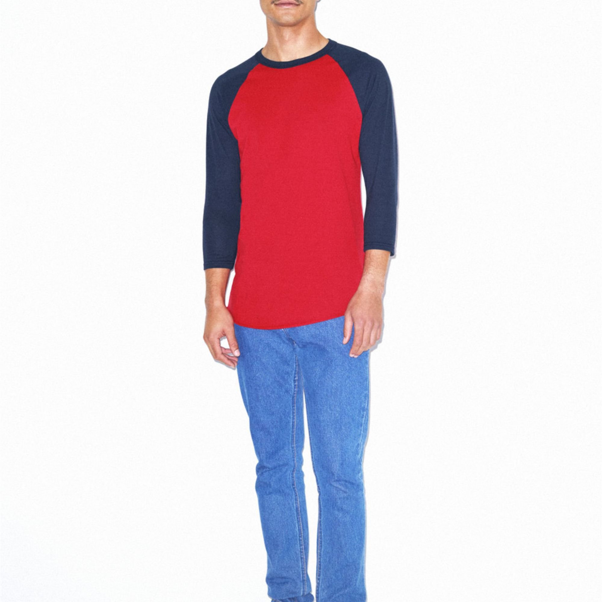 Ultrasoft 50% Cotton 50% Polyester Slim Fit Lightweight Red & Navy Baseball Raglan 3/4 Sleeve T-Shirt: 200 gsm