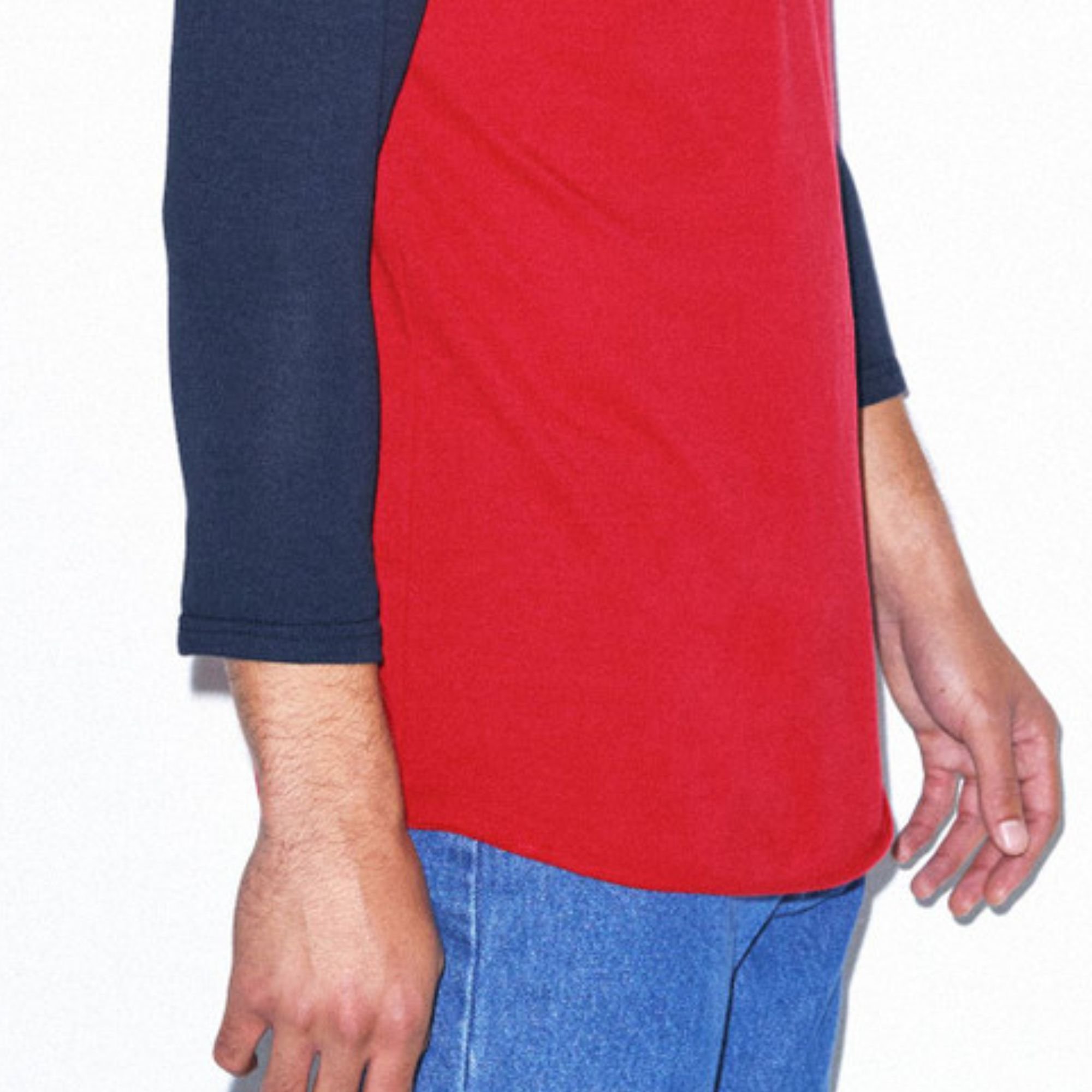 Ultrasoft 50% Cotton 50% Polyester Slim Fit Lightweight Red & Navy Baseball Raglan 3/4 Sleeve T-Shirt: 200 gsm