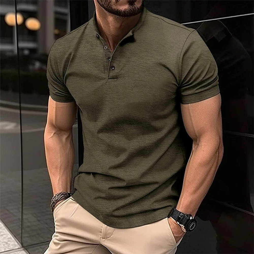 Summer Men Casual Solid Color Short Sleeve T Shirt for Men Henley Collar Polo High Quality Men's T Shirts