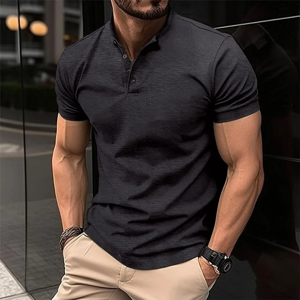 Summer Men Casual Solid Color Short Sleeve T Shirt for Men Henley Collar Polo High Quality Men's T Shirts