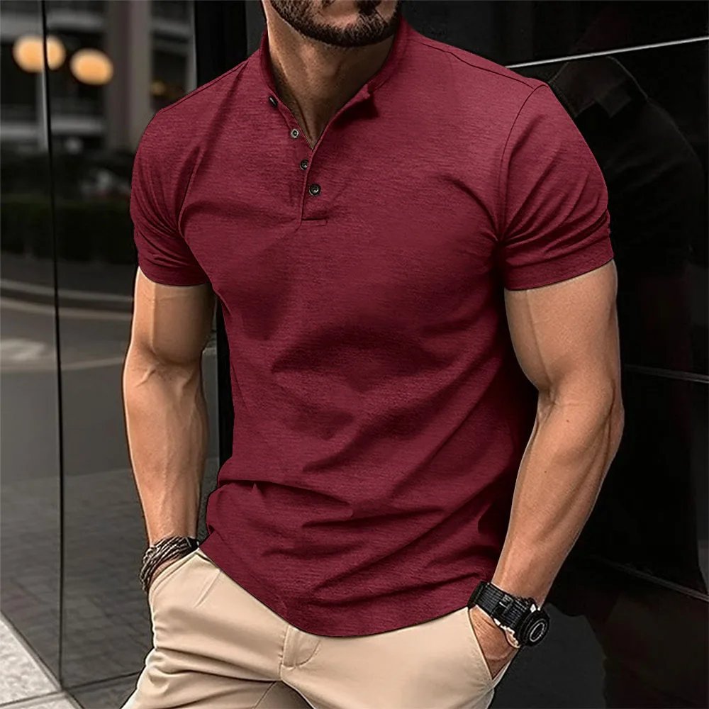 Summer Men Casual Solid Color Short Sleeve T Shirt for Men Henley Collar Polo High Quality Men's T Shirts