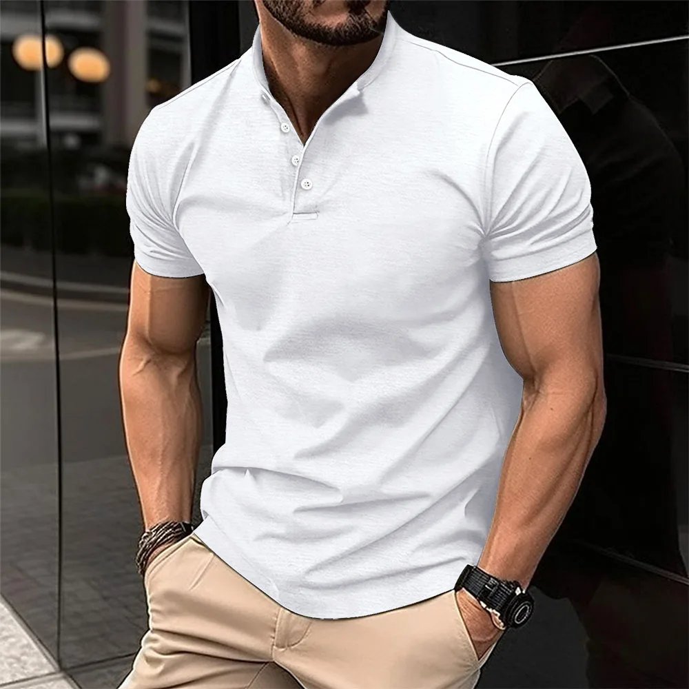 Summer Men Casual Solid Color Short Sleeve T Shirt for Men Henley Collar Polo High Quality Men's T Shirts
