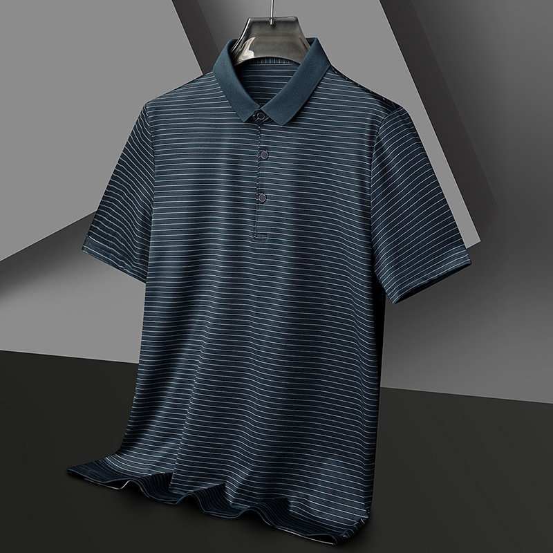Ice silk seamless short-sleeved polo shirt summer men's loose casual striped lapel half-sleeved polo t-shirt