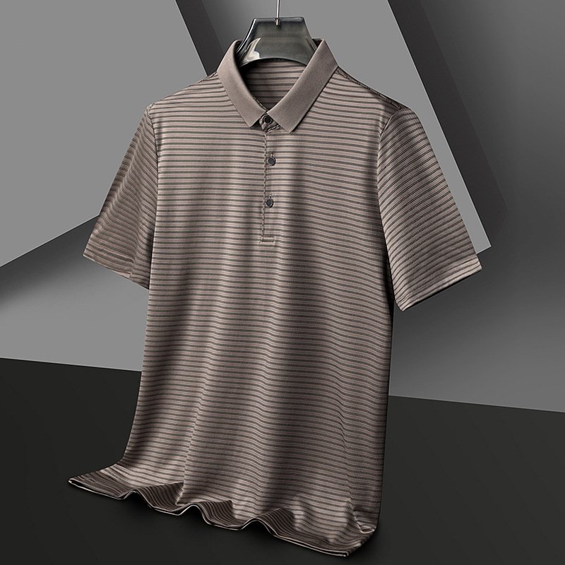 Ice silk seamless short-sleeved polo shirt summer men's loose casual striped lapel half-sleeved polo t-shirt