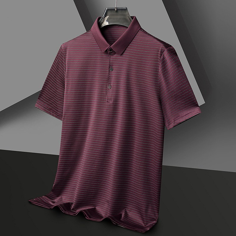 Ice silk seamless short-sleeved polo shirt summer men's loose casual striped lapel half-sleeved polo t-shirt