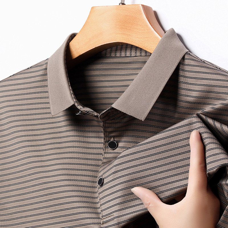 Ice silk seamless short-sleeved polo shirt summer men's loose casual striped lapel half-sleeved polo t-shirt