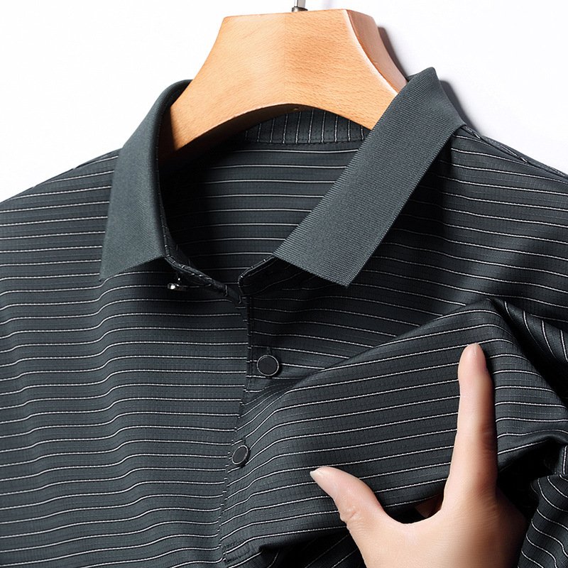 Ice silk seamless short-sleeved polo shirt summer men's loose casual striped lapel half-sleeved polo t-shirt
