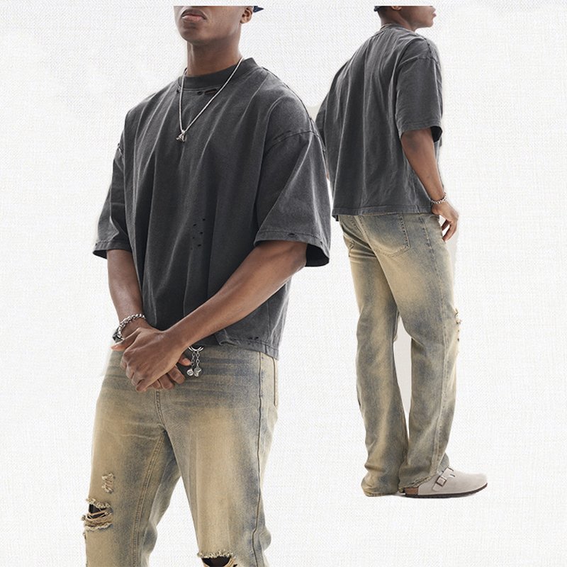 New style heavyweight thick Collar distressed men's acid wash oversized custom logo cut out cropped t shirt