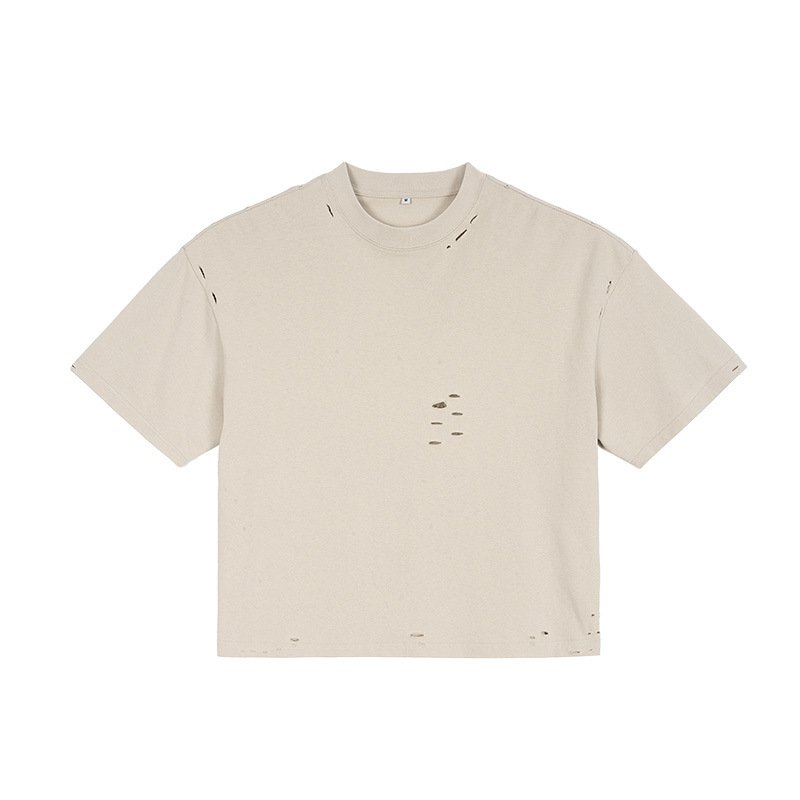 New style heavyweight thick Collar distressed men's acid wash oversized custom logo cut out cropped t shirt
