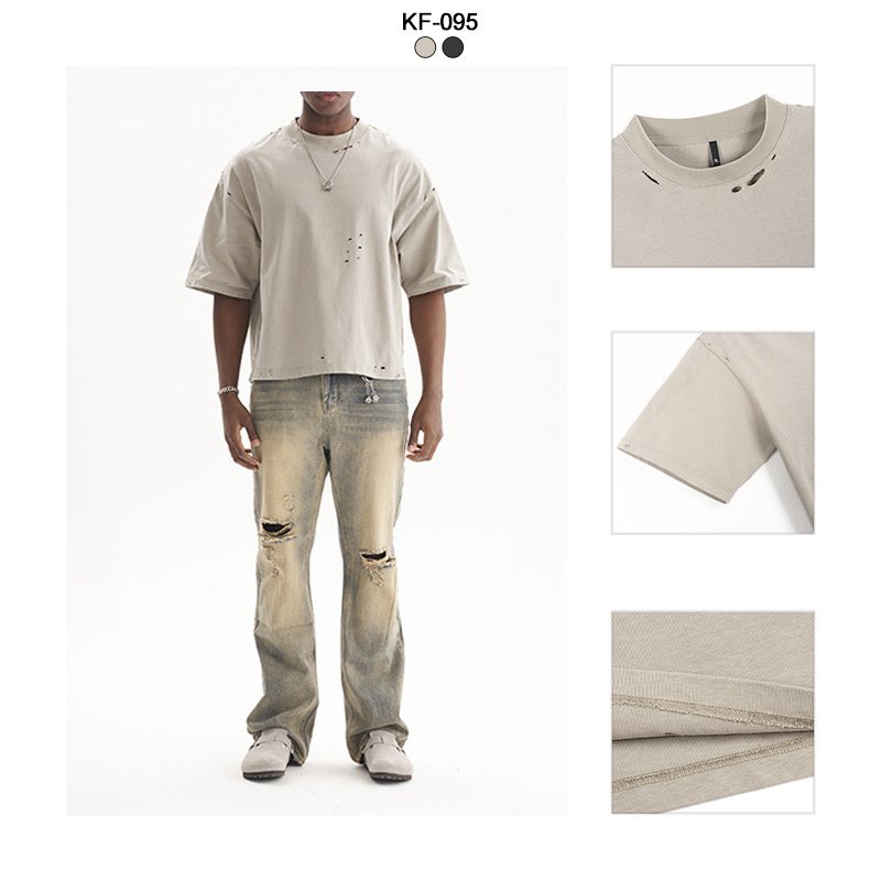 New style heavyweight thick Collar distressed men's acid wash oversized custom logo cut out cropped t shirt
