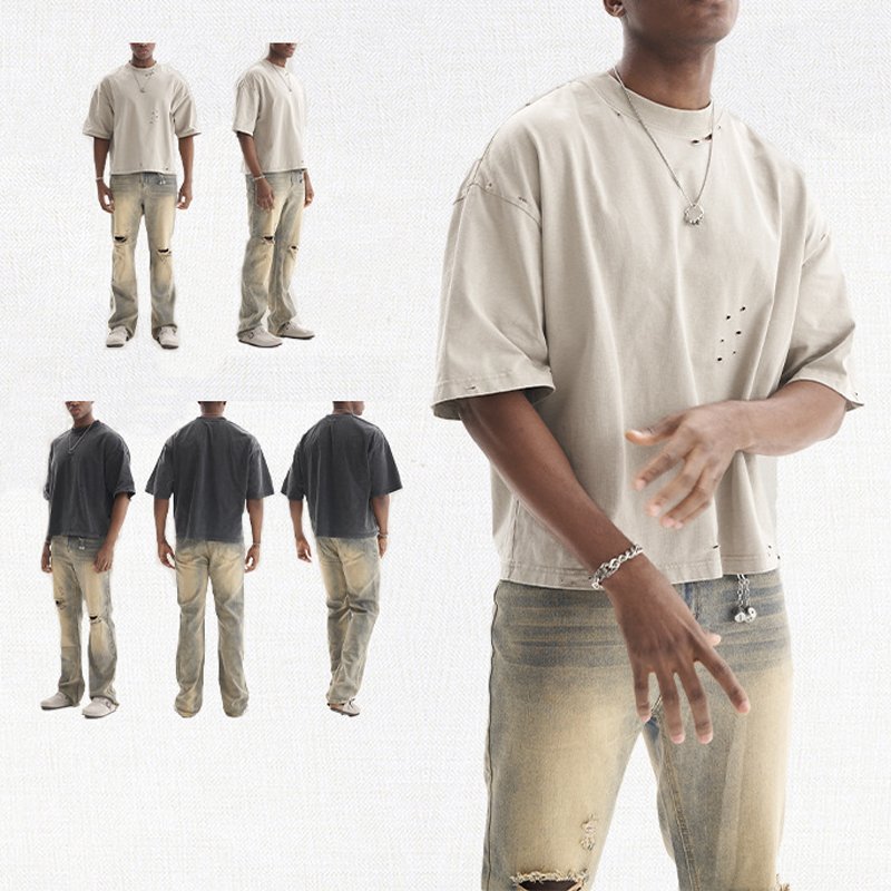 New style heavyweight thick Collar distressed men's acid wash oversized custom logo cut out cropped t shirt