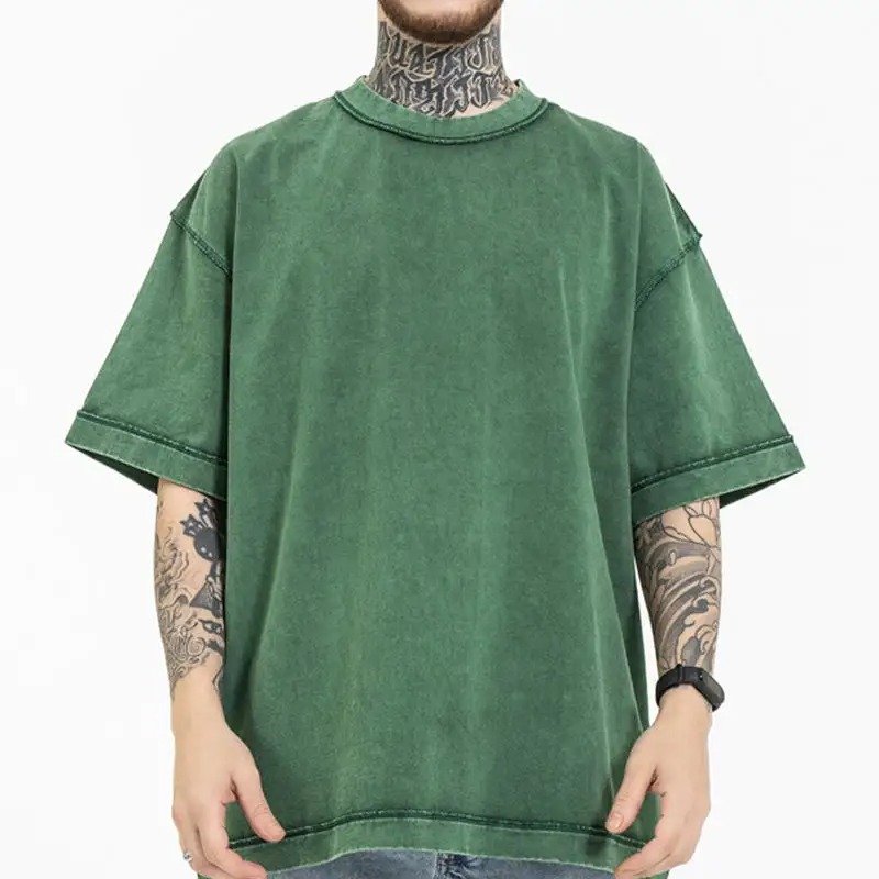 Custom Cut And Sew T Shirt 100% Cotton Acid Washed Vintage T-shirt Puff Printing Heavyweight Plus Size Men Oversize T-shirt