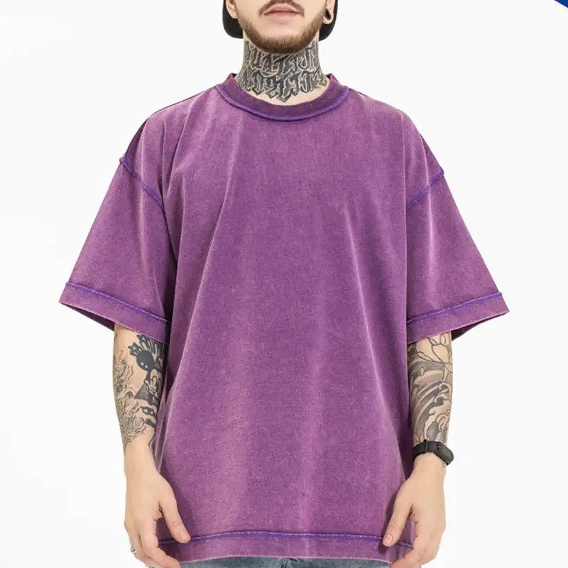 Custom Cut And Sew T Shirt 100% Cotton Acid Washed Vintage T-shirt Puff Printing Heavyweight Plus Size Men Oversize T-shirt