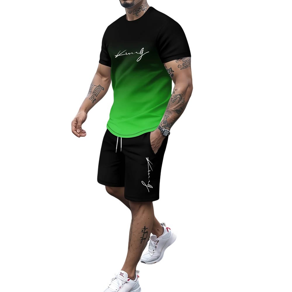Men's Gradient Graphic Printed T-shirt Sports Casual Round Neck Street Printed T-shirt Men's Suit Two-piece Set