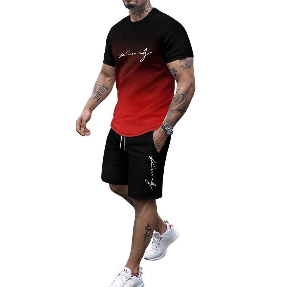 Men's Gradient Graphic Printed T-shirt Sports Casual Round Neck Street Printed T-shirt Men's Suit Two-piece Set