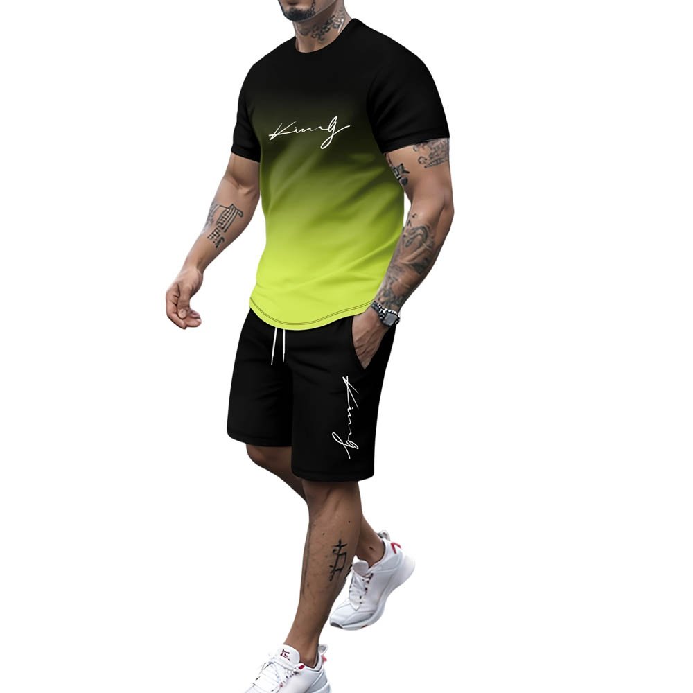 Men's Gradient Graphic Printed T-shirt Sports Casual Round Neck Street Printed T-shirt Men's Suit Two-piece Set