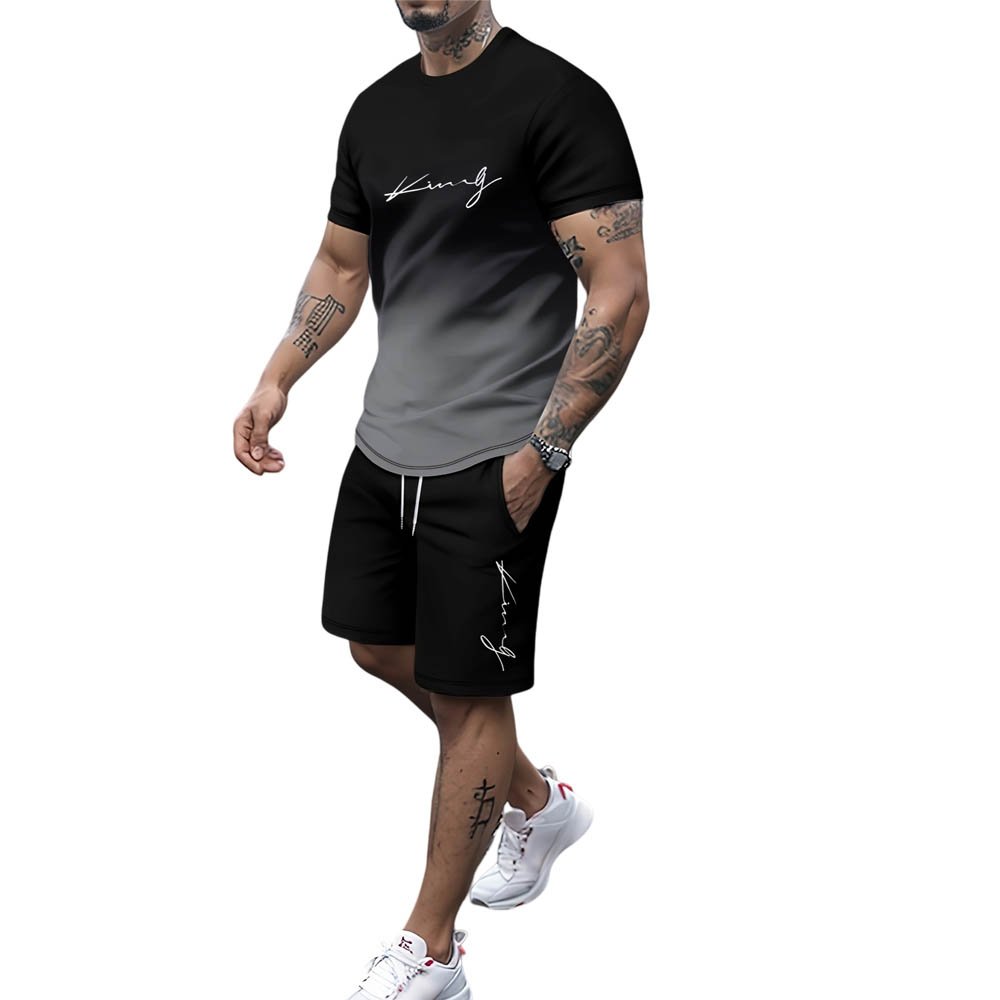 Men's Gradient Graphic Printed T-shirt Sports Casual Round Neck Street Printed T-shirt Men's Suit Two-piece Set