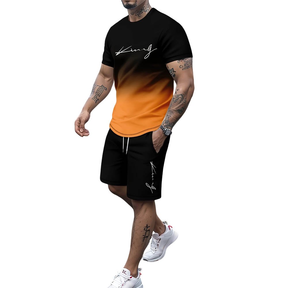 Men's Gradient Graphic Printed T-shirt Sports Casual Round Neck Street Printed T-shirt Men's Suit Two-piece Set