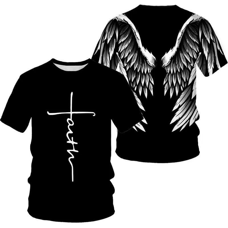 Fashion Jesus Cross Pattern T Shirt For Men Funny 3D Wing Printing Short Sleeve Tops Casual O-neck Loose Tee