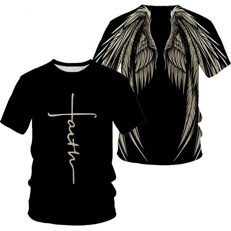 Fashion Jesus Cross Pattern T Shirt For Men Funny 3D Wing Printing Short Sleeve Tops Casual O-neck Loose Tee