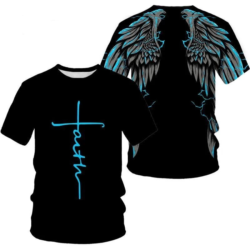 Fashion Jesus Cross Pattern T Shirt For Men Funny 3D Wing Printing Short Sleeve Tops Casual O-neck Loose Tee