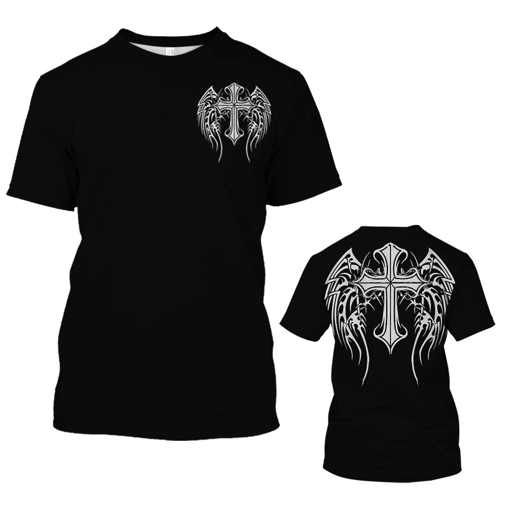Fashion Jesus Cross Pattern T Shirt For Men Funny 3D Wing Printing Short Sleeve Tops Casual O-neck Loose Tee