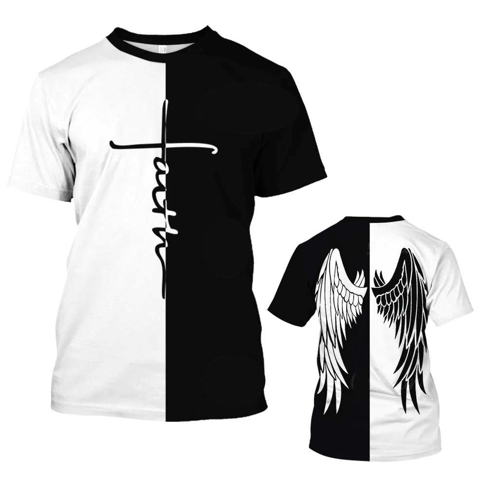 Fashion Jesus Cross Pattern T Shirt For Men Funny 3D Wing Printing Short Sleeve Tops Casual O-neck Loose Tee